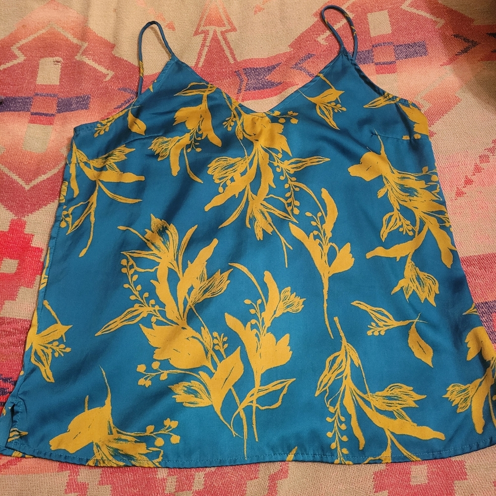 Camisole,Silky Feel Tank Or Top, Floral Spaghetti Strap, Blue and Yellow, Medium